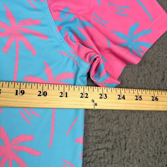 Chubbies Polo Shirt Mens M Pink Blue Palm Tree Hawaiian Golf Performance Stretch - Picture 5 of 6